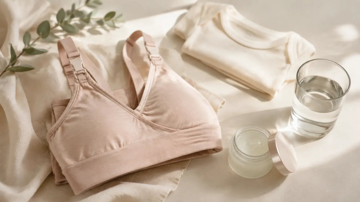 Pakistani woman following a gentle post-pregnancy breast skin-care routine, face not shown