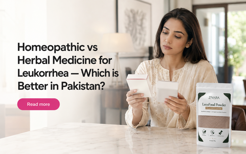 Homeopathic and herbal product labels beside a vaginal-discharge symptom checklist