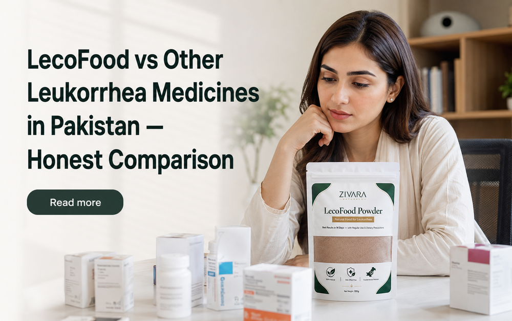LecoFood herbal powder beside a neutral comparison checklist for leukorrhea options