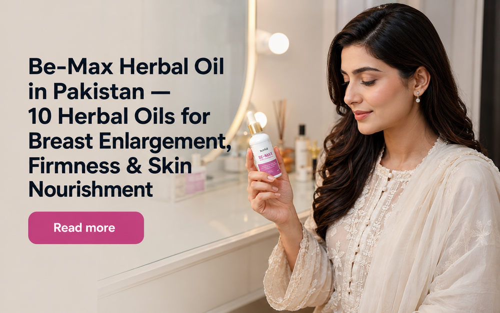 Be-Max herbal massage oil bottle with ten botanical ingredients arranged around it